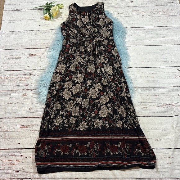 Garnet Hill Floral Striped Maxi Black Red Dress - Picture 2 of 9